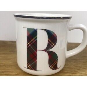 Pottery Barn Tartan Plaid Letter R Monogram Inital Mug 2017 Retired Gold Classic